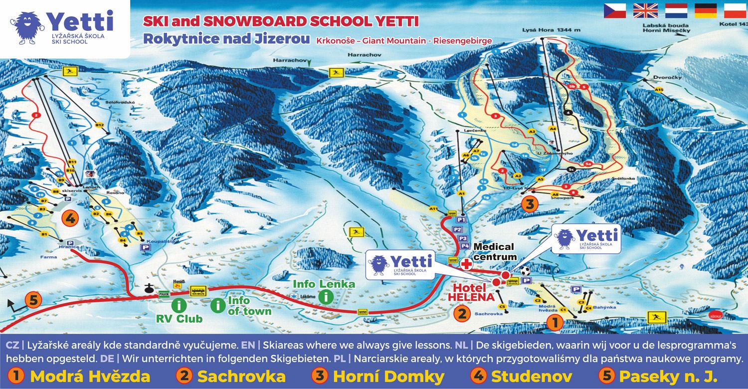 Mapa lyžařských areálů Yetti Ski School – Rokytnice nad Jizerou